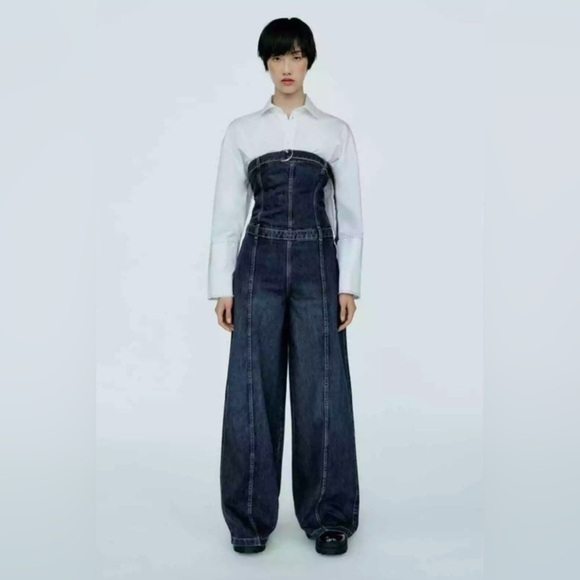 Zara STRAPLESS TRF DENIM JUMPSUIT. Navy Blue. Size M. New with Tags. - Picture 3 of 14